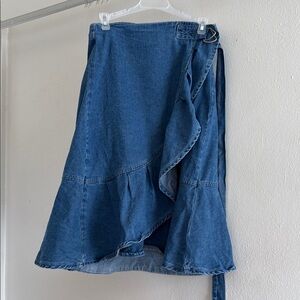 Blue Midi Wrap Skirt with Ruffled Detail